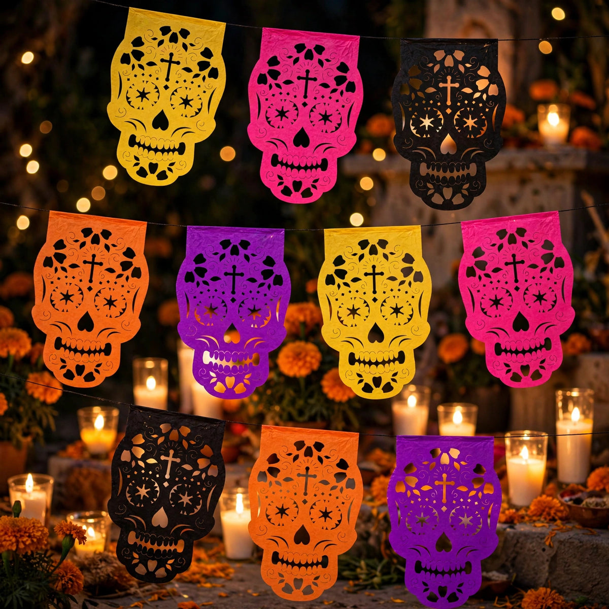 10 Guirnaldas Día de Muertos Tradicional Calaveritas Papel China 30 Metros Totales