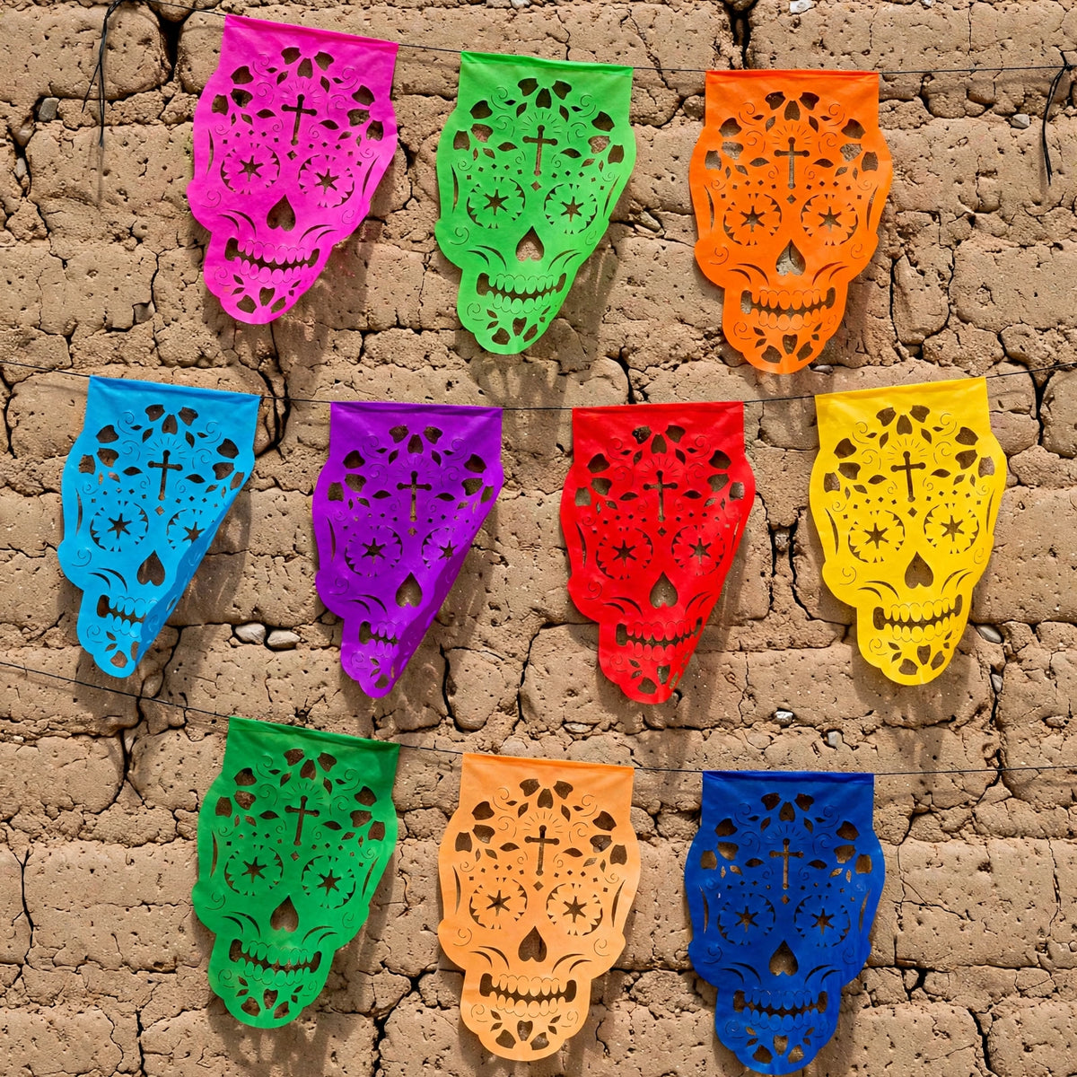10 Guirnaldas Día de Muertos Multicolor Calaveritas Papel China 30 Metros Totales