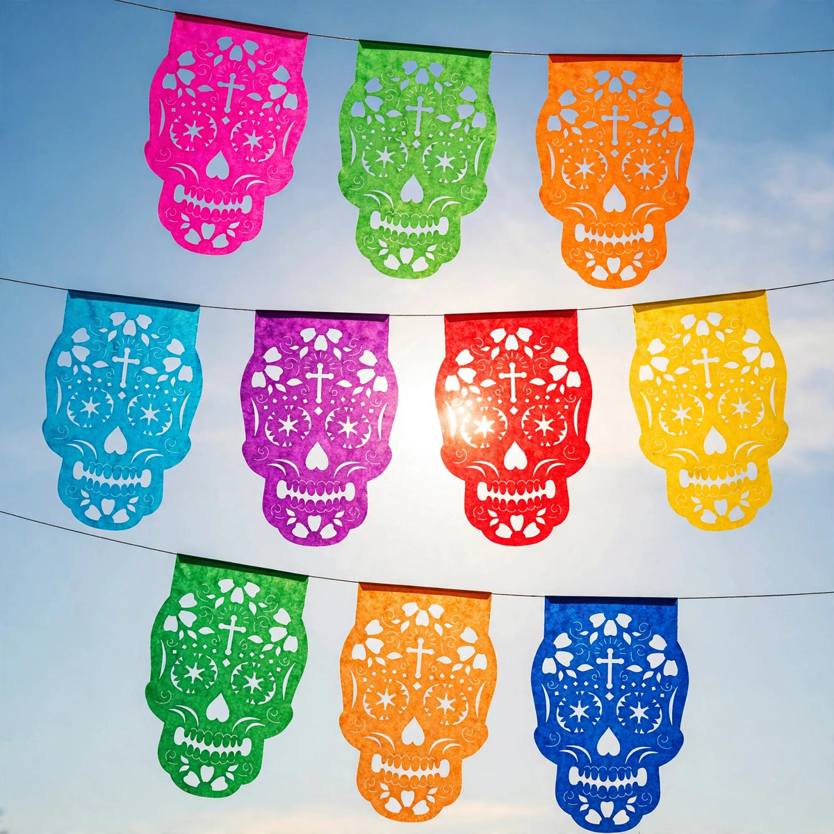 10 Guirnaldas Día de Muertos Multicolor Calaveritas Papel China 30 Metros Totales