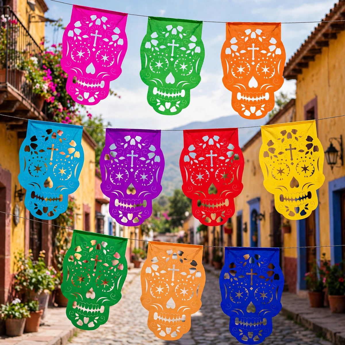 10 Guirnaldas Día de Muertos Multicolor Calaveritas Papel China 30 Metros Totales