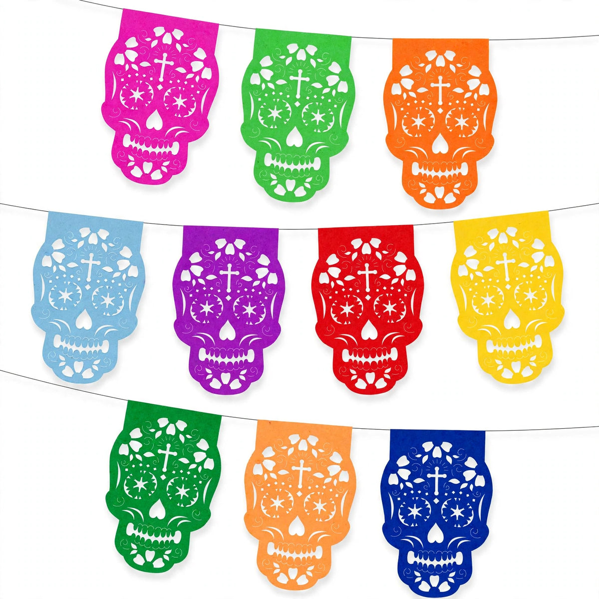 10 Guirnaldas Día de Muertos Multicolor Calaveritas Papel China 30 Metros Totales