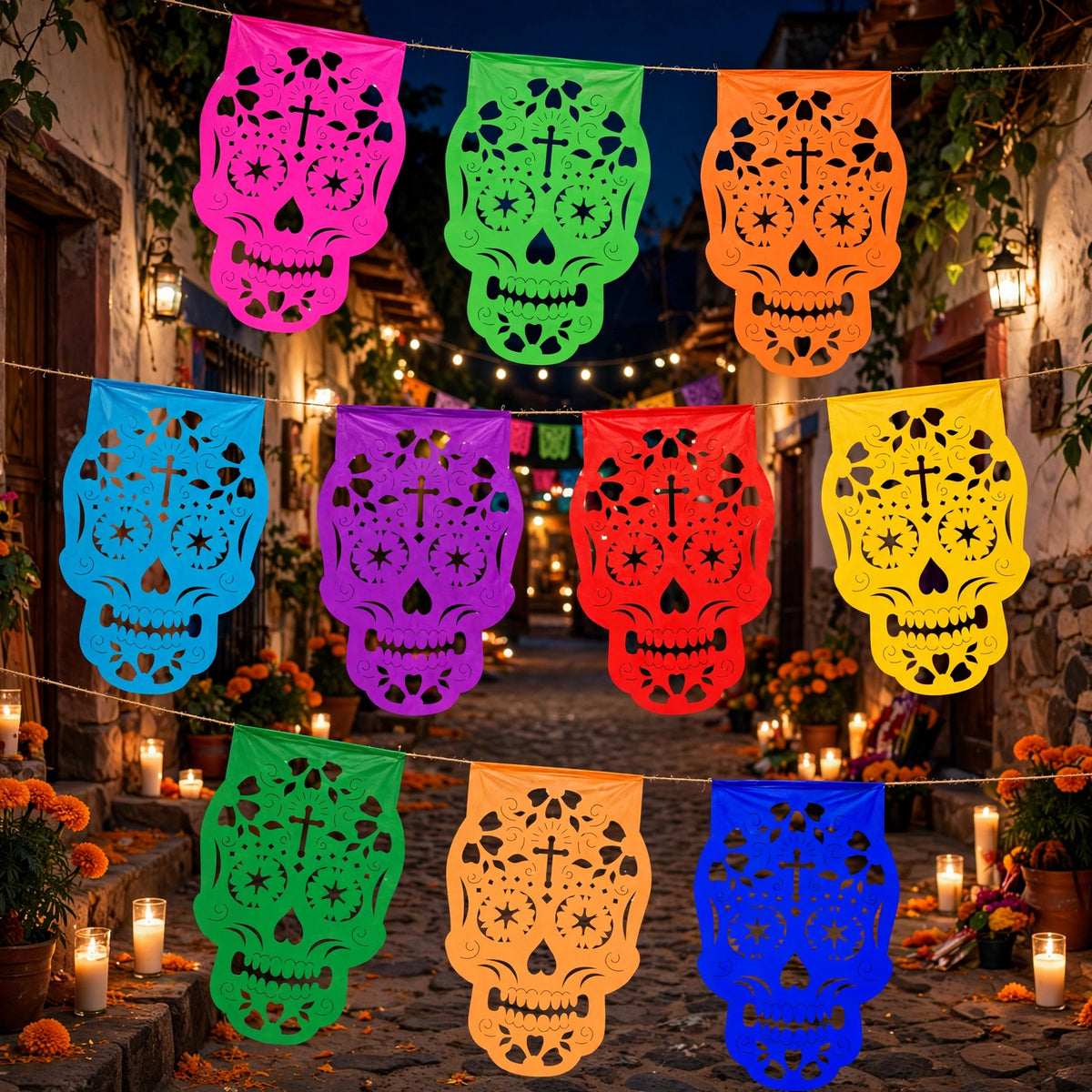 10 Guirnaldas Día de Muertos Multicolor Calaveritas Papel China 30 Metros Totales