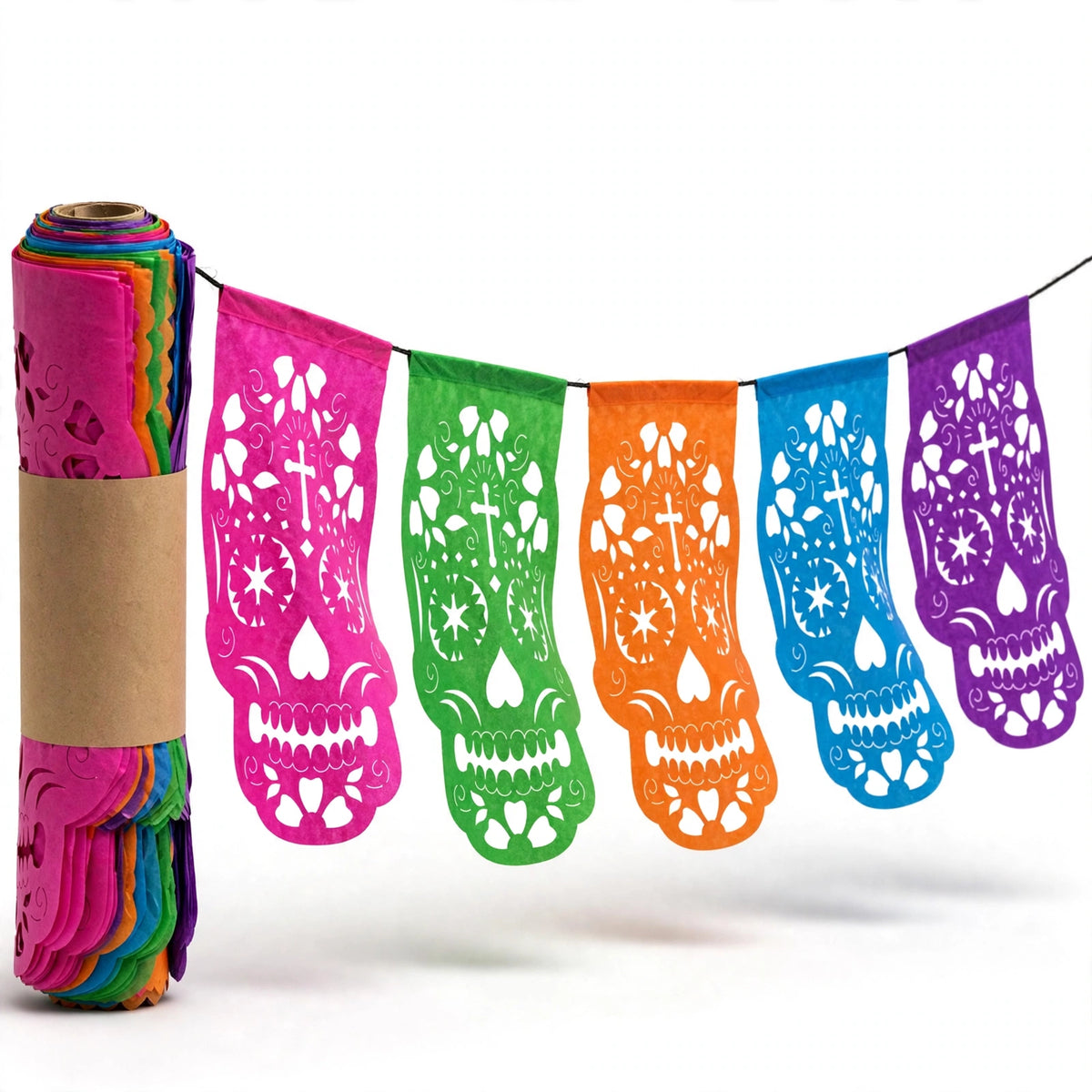 10 Guirnaldas Día de Muertos Multicolor Calaveritas Papel China 30 Metros Totales