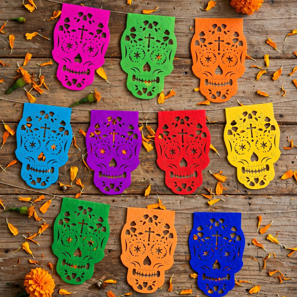 10 Guirnaldas Día de Muertos Multicolor Calaveritas Papel China 30 Metros Totales