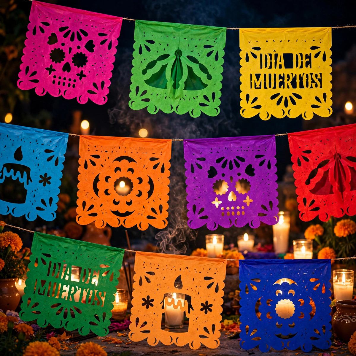 10 Guirnaldas Súper Mini Día de Muertos Multicolor Papel China 10 Metros Totales