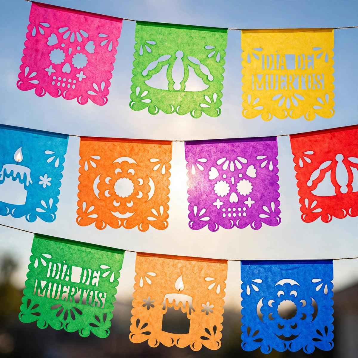 10 Guirnaldas Súper Mini Día de Muertos Multicolor Papel China 10 Metros Totales