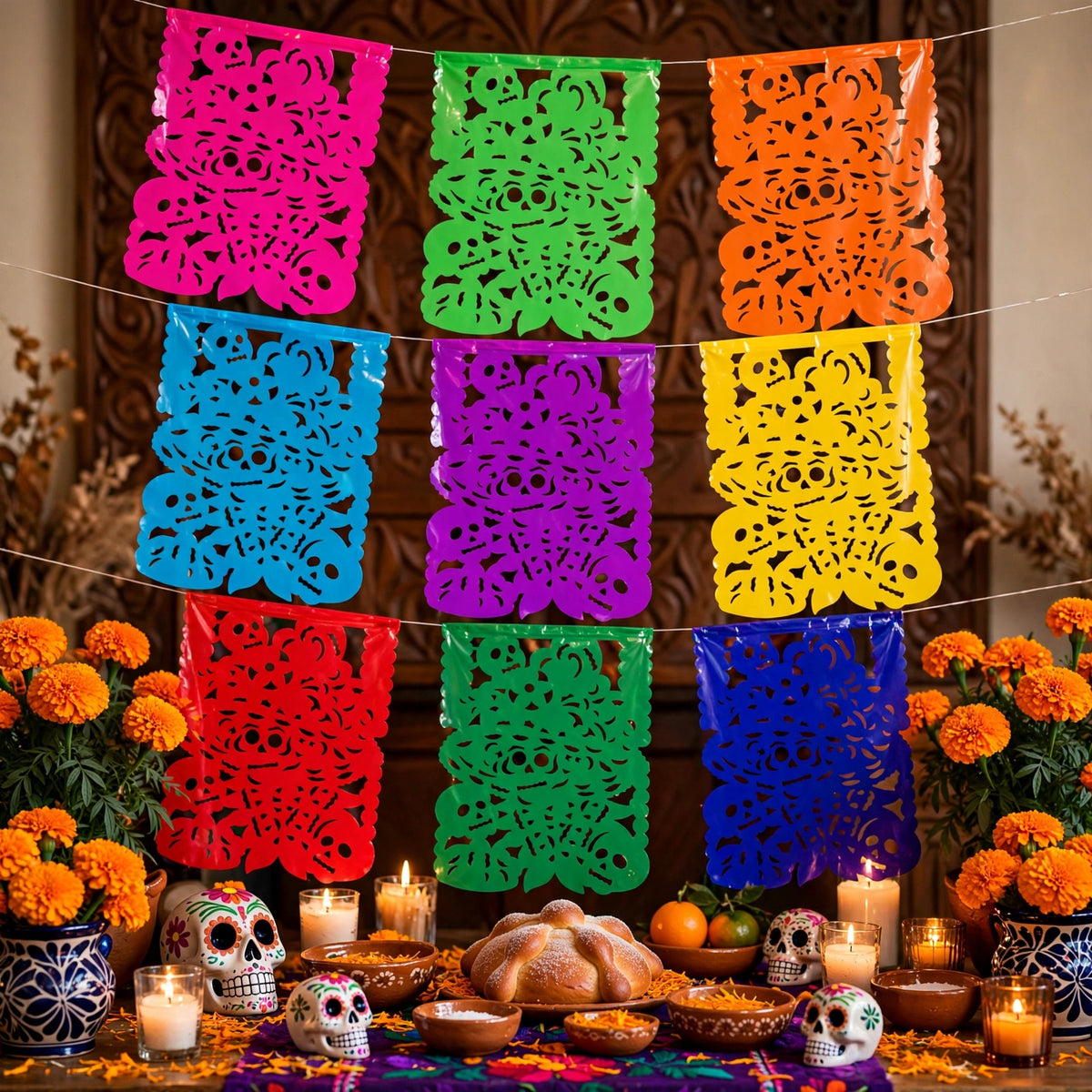 10 Guirnaldas Día de Muertos Catrina Divina Multicolor Plástico 50 Metros Totales