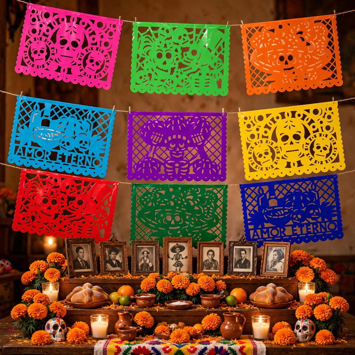 10 Guirnaldas Día de Muertos Multicolor Plástico 50 Metros Totales