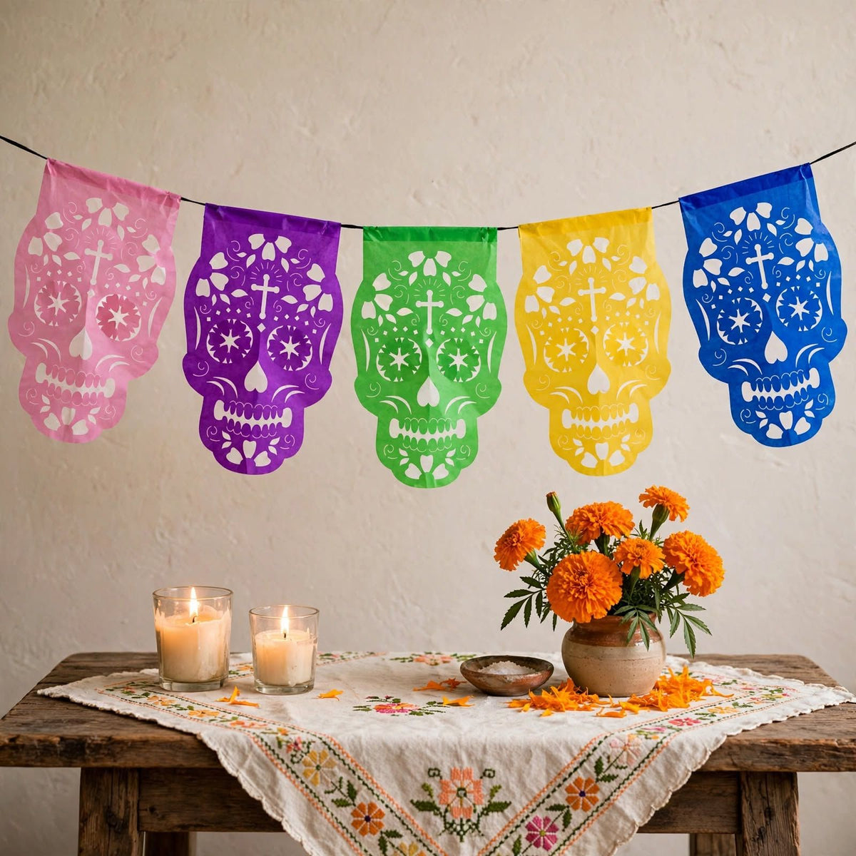 10 Guirnaldas Mini Día de Muertos Multicolor Calaveritas Papel China 10 Metros Totales