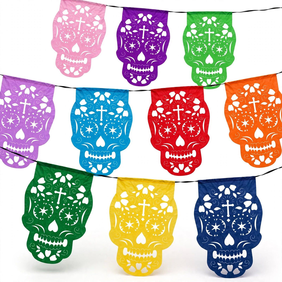 10 Guirnaldas Mini Día de Muertos Multicolor Calaveritas Papel China 10 Metros Totales