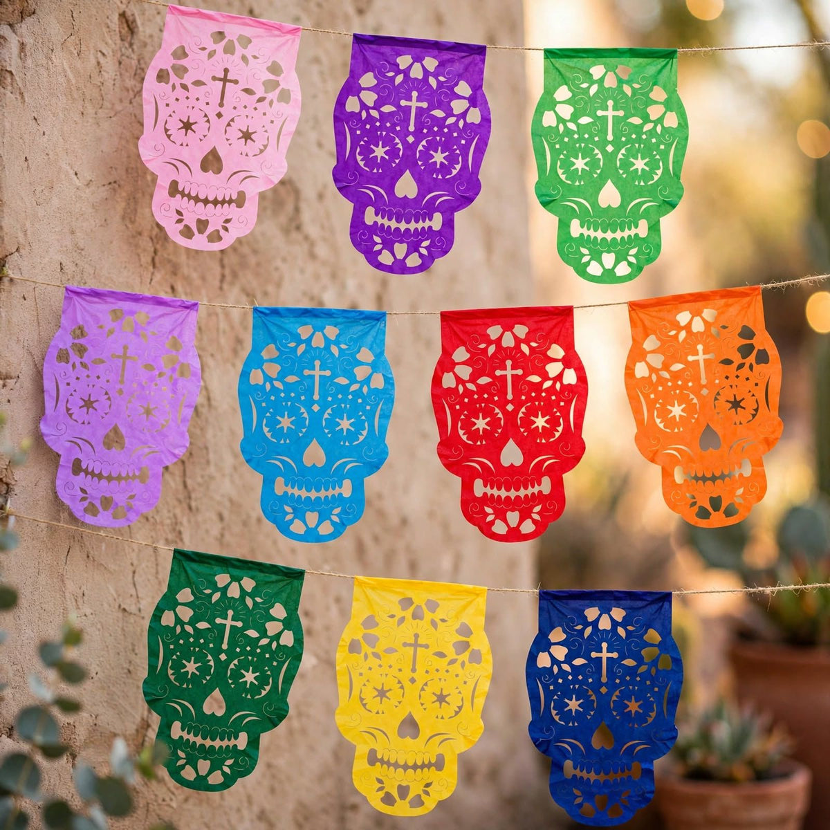 10 Guirnaldas Mini Día de Muertos Multicolor Calaveritas Papel China 10 Metros Totales