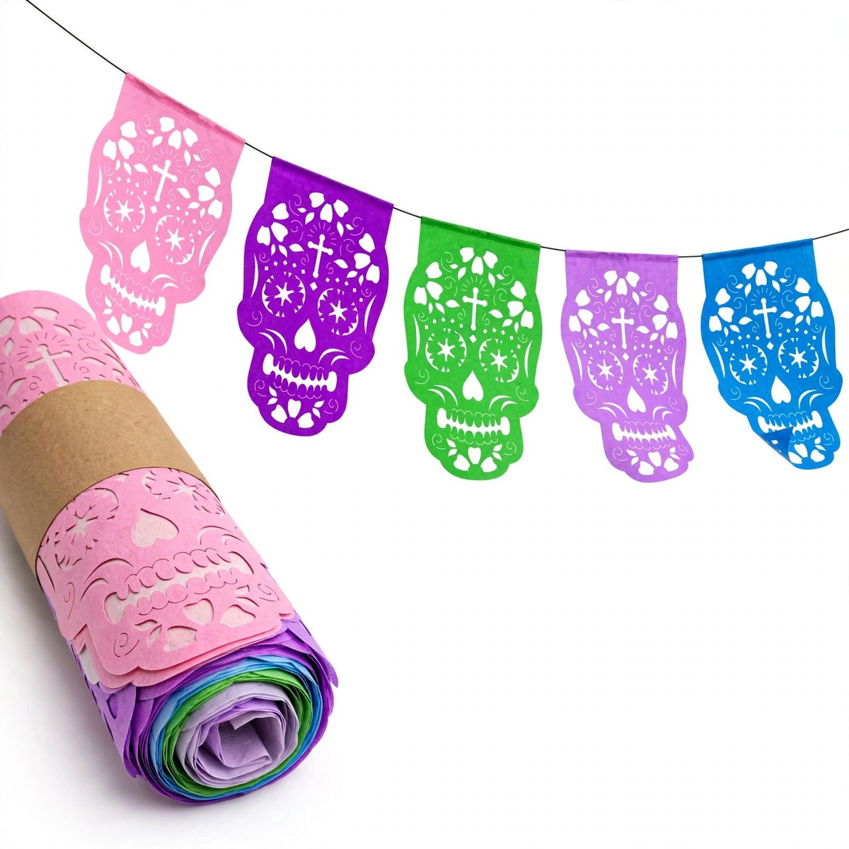 10 Guirnaldas Mini Día de Muertos Multicolor Calaveritas Papel China 10 Metros Totales