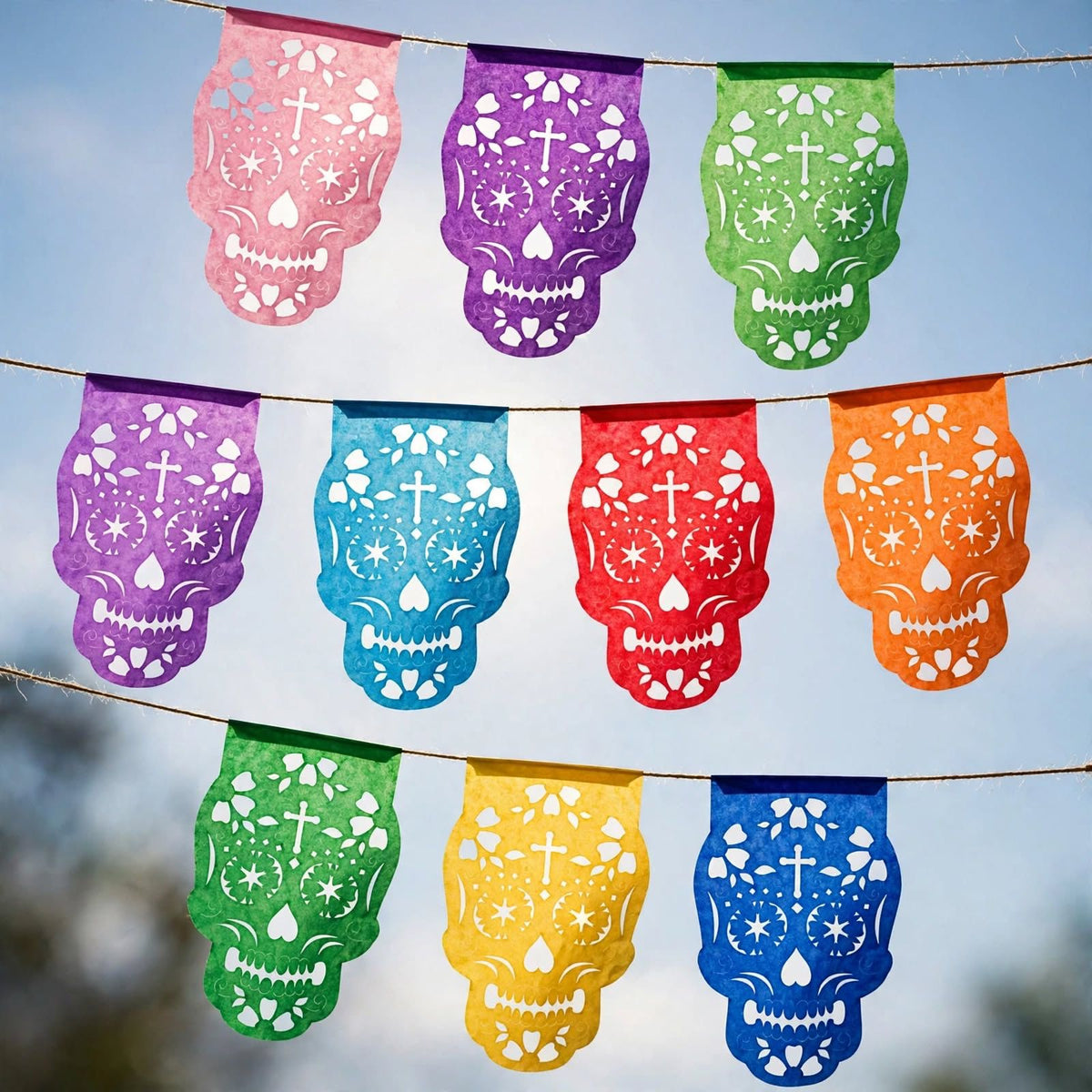 10 Guirnaldas Mini Día de Muertos Multicolor Calaveritas Papel China 10 Metros Totales