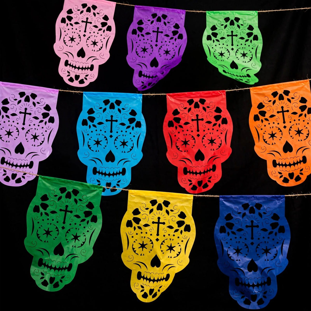 10 Guirnaldas Mini Día de Muertos Multicolor Calaveritas Papel China 10 Metros Totales