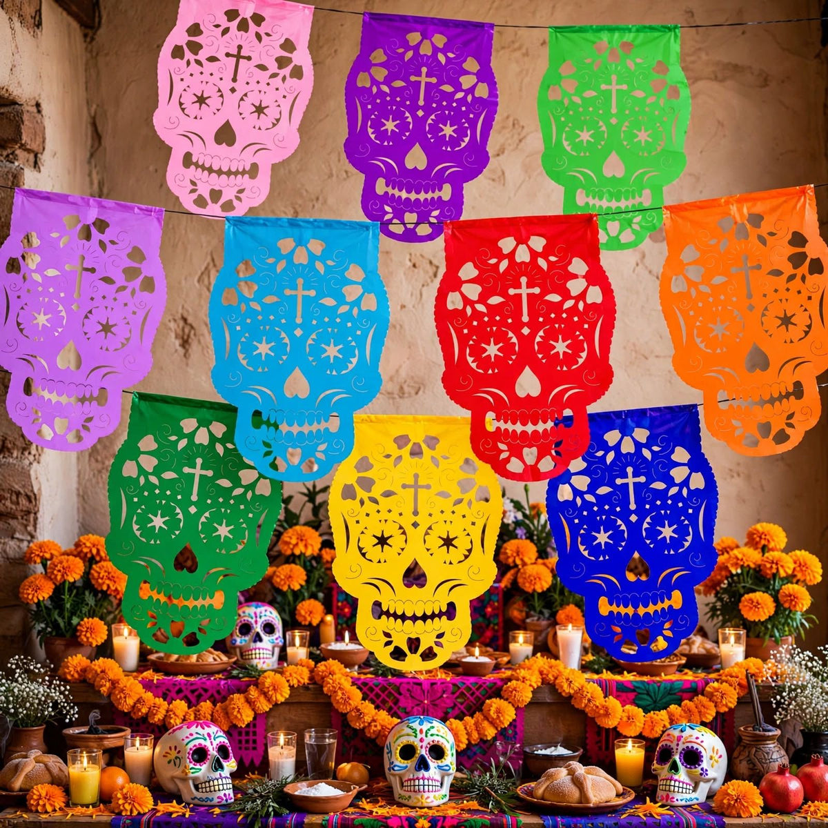 10 Guirnaldas Mini Día de Muertos Multicolor Calaveritas Papel China 10 Metros Totales