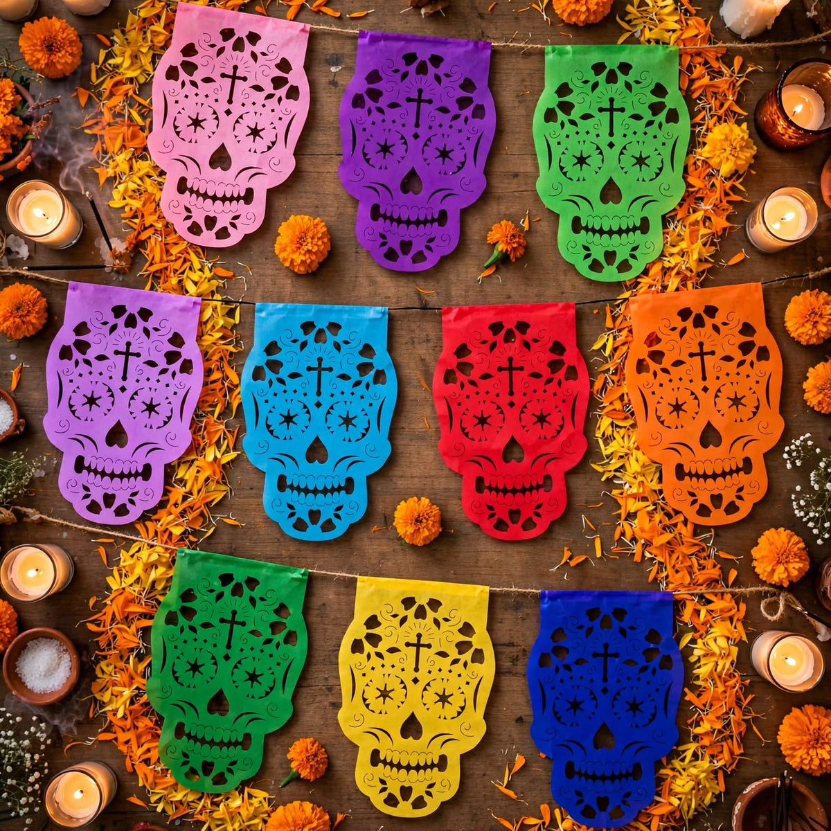 10 Guirnaldas Mini Día de Muertos Multicolor Calaveritas Papel China 10 Metros Totales