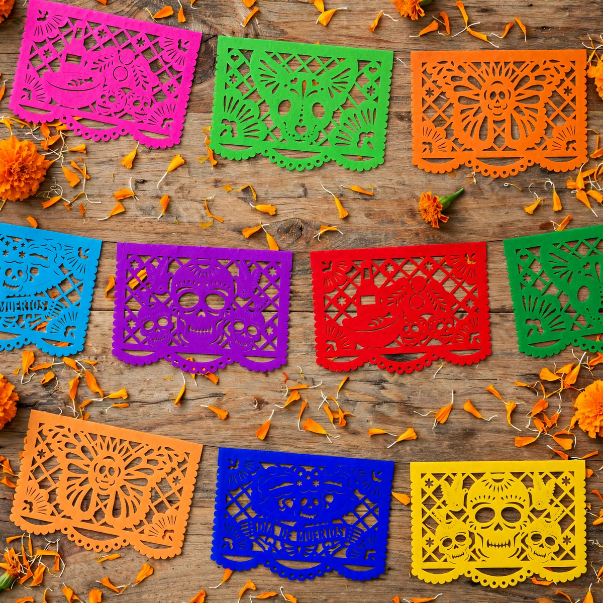 10 Guirnaldas Mini Día de Muertos Multicolor Papel China 15 Metros Totales