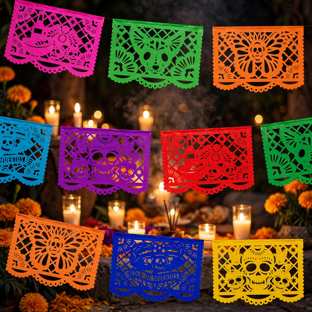 10 Guirnaldas Mini Día de Muertos Multicolor Papel China 15 Metros Totales