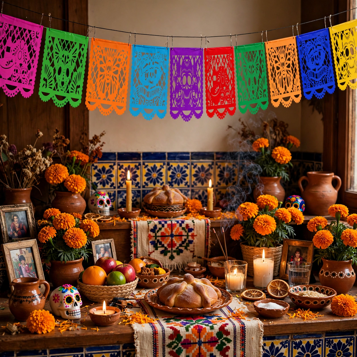 10 Guirnaldas Mini Día de Muertos Multicolor Papel China 15 Metros Totales