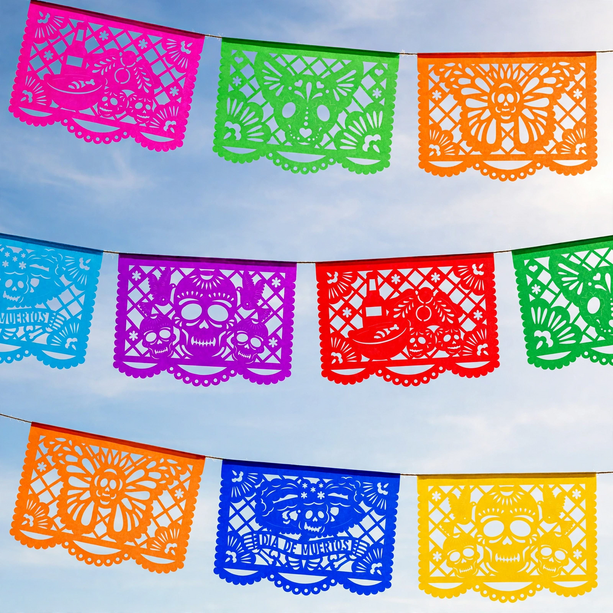 10 Guirnaldas Mini Día de Muertos Multicolor Papel China 15 Metros Totales