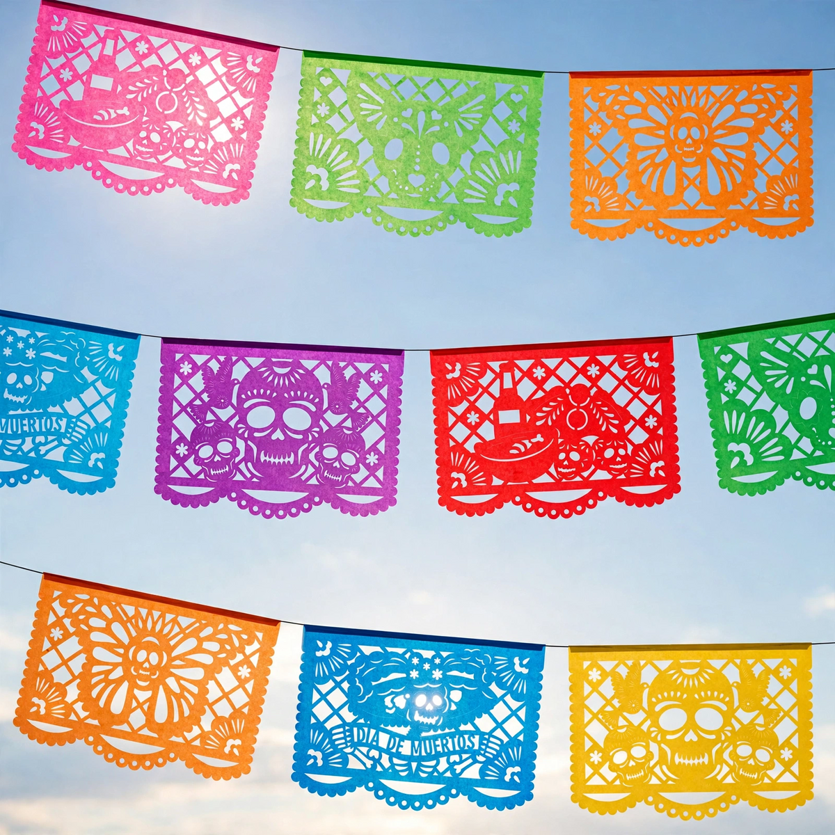 10 Guirnaldas Mini Día de Muertos Multicolor Papel China 15 Metros Totales